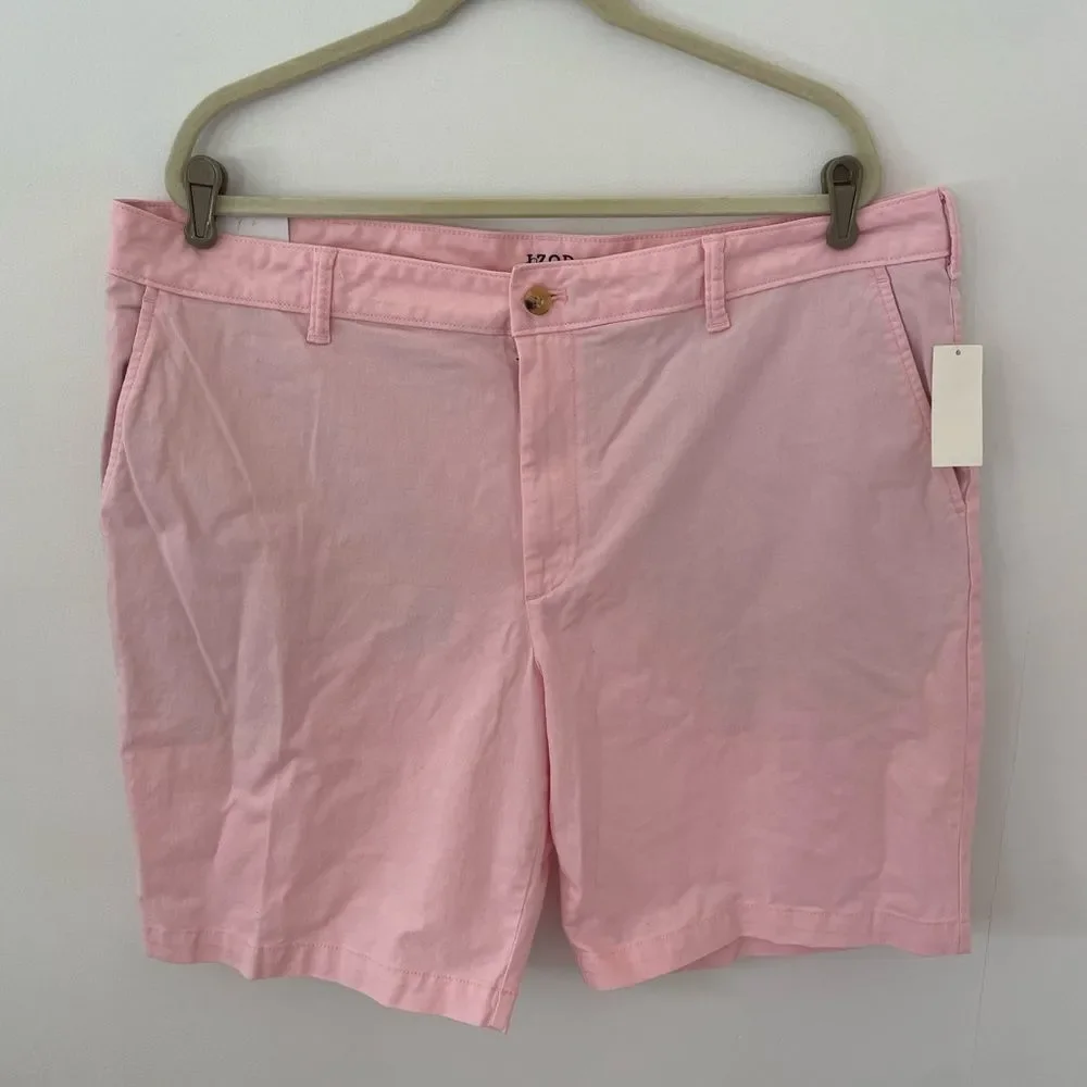 NWT Mens IZod pink shorts FLAT FRONT SALTWATER stretch chino shorts 40waist